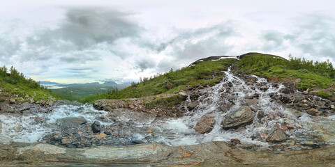 Spherical panorama in the Rihtonjira stream, Norrbotten, Sweden. Equirectangular projection is used