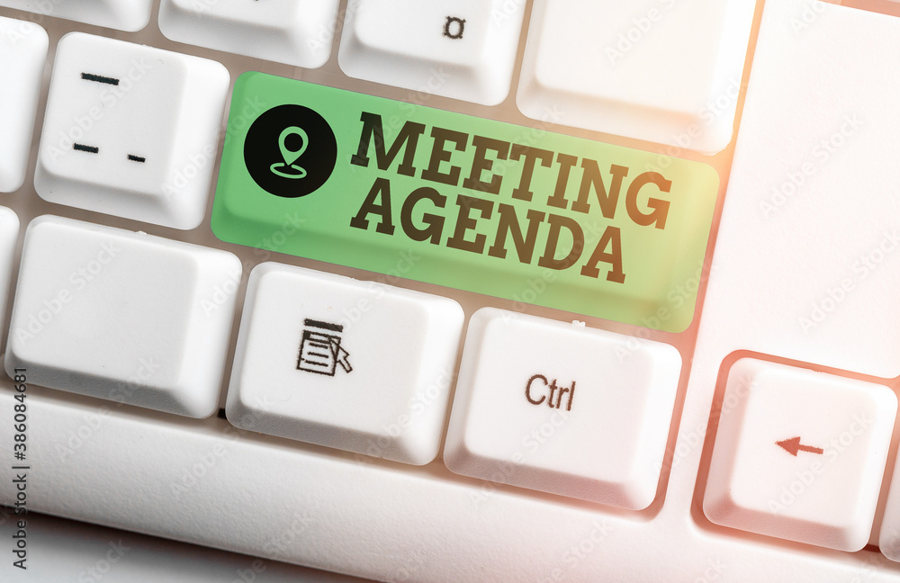 Aufkleber text sign showing meeting agenda. business photo text items that participants hope to accomplish at 