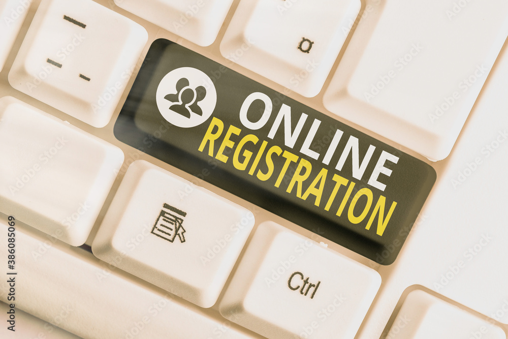 Poster writing note showing online registration. business concept for system for subscribing or registering