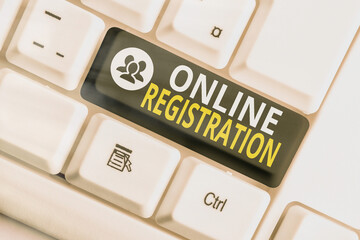 Writing note showing Online Registration. Business concept for System for subscribing or...
