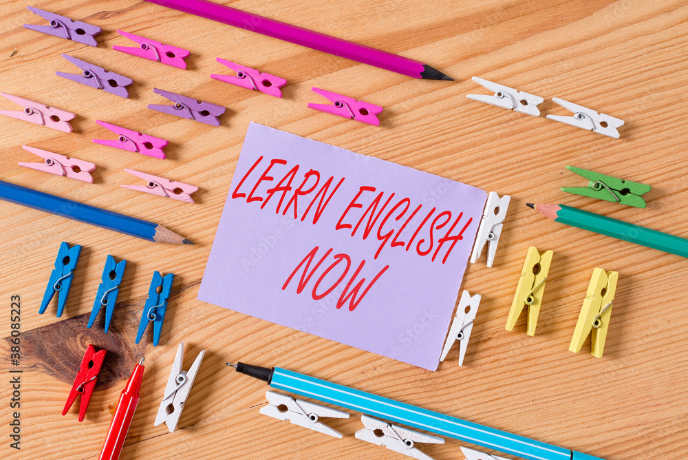 Poster text sign showing learn english now. business photo text gain or acquire knowledge and skill of engl