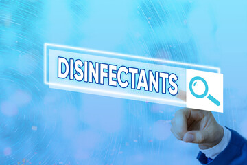 Conceptual hand writing showing Disinfectants. Concept meaning chemical that destroy vegetative...