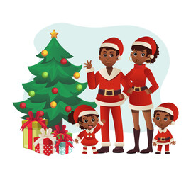 Afro-American family celebrate christmas. Merry Christmas. vector cute cartoon character illustration.