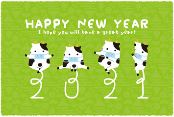 感染症対策　年賀状2021年 丑のしっぽで2021年　背景黄緑