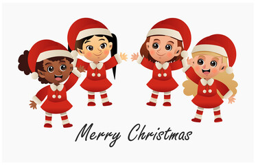 Merry christmas greeting card. A group of cute ilttle girls in red christmas. Vector cartoon illustration.