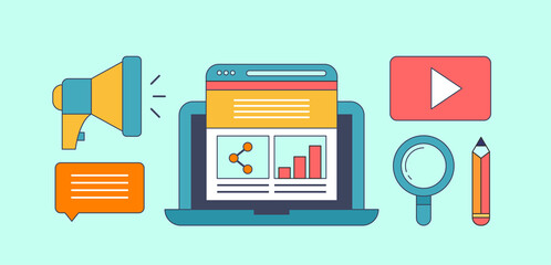 Digital content marketing, modern business and technology concept banner. Vector illustration.