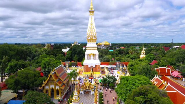 Aerial view: Wat Phra That Phanom Buddhism Temple. Nakhon phanom Thailand. This structure contains The Buddha's breast bone, High 53.6m Top Adorned with Gold 110kg Popular destination for tourist.