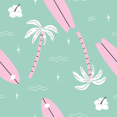 seamless pink and green palm trees pattern with tropical flower. repeating vector beach and surfing pattern with surf boards.