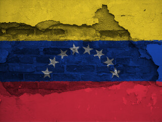 Composition of the concept of crisis, coup, political ,riots, earthquake Venezuela FLAG PAINTED ON crumbling walls.