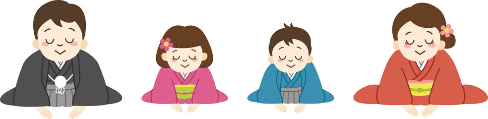 お辞儀をする着物姿の家族（下を向く）