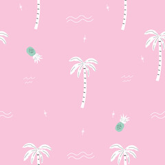 seamless pink and green palm trees and pineapple pattern with tropical flower. repeating vector beach and surfing pattern with surf boards.