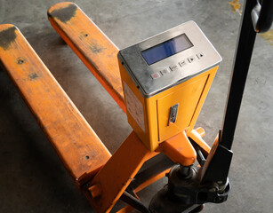 Hand pallet truck or manual hand lift with digital check weigh scales. © Siwakorn1933