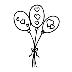 Three balloons with hearts inside for Valentine's Day. Drawn in outline in doodle style. Vector.