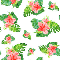 Tropical pink hibiscus floral seamless pattern