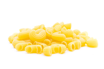 Raw macaroni on white background