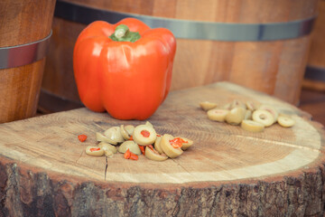 Fresh green olives in barrels. Healthy food containing vitamins. Mediterranean snack