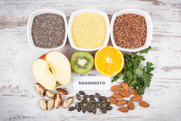 Inscription hashimoto with beneficial eating for thyroid gland. Healthy ingredients containing vitamins and minerals