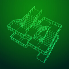Wireframe stairs, interior staircases steps with railing