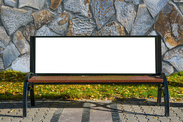 Empty Billboard with space for text, advertising on the street on a bench in the city in autumn