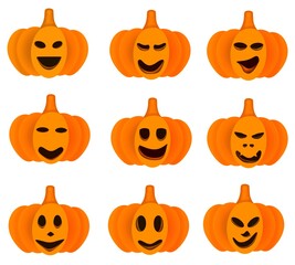 Cartoon pumpkin and smiley face  Scary in different form on white background  It is a symbol of Halloween.