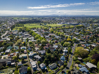 Aerial drone view looking at Claudelands park, oval and events centre in the city of Hamilton, in...