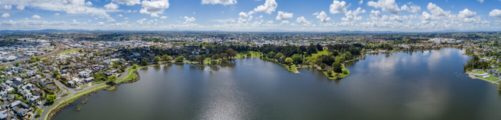 Aerial drone panoramic view over Lake Rotoroa (Hamilton Lake) Hamilton, in the Waikato region of New Zealand