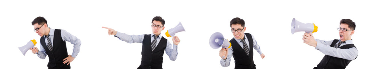 Fototapeta premium Funny man with loudspeaker on white