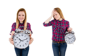 Woman with clock isolated on white