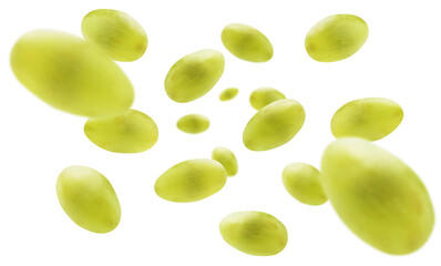 Green grapes levitate on a white background