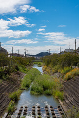 blue sky, big river and organized residential area