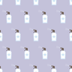 Spray bottle seamless pattern. Sanitizer in a flat style. Suitable for backgrounds, postcards, and wrapping paper. Vector.