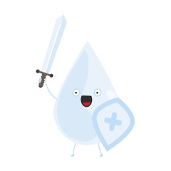 Drop with sword and shield. Sanitizer in a flat style. Microbial protection concept. Isolated. Vector.