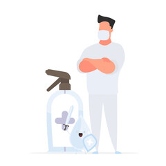 A medic in a white suit. Doctor in a medical mask.  Drop with sword and shield. Sanitizer in a flat style. 