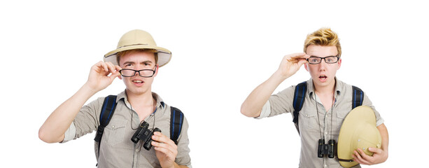 Man in safari hat in hunting concept