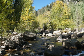 Landscape view of a large boulders in a river, framed by trees, on a sunny day in California