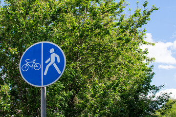 Round blue sign with white pedestrian and bicycle icons on the background of a green trees and sky. New cyclist and pedestrian road safety sign. Urban information road sign with copy space for drivers