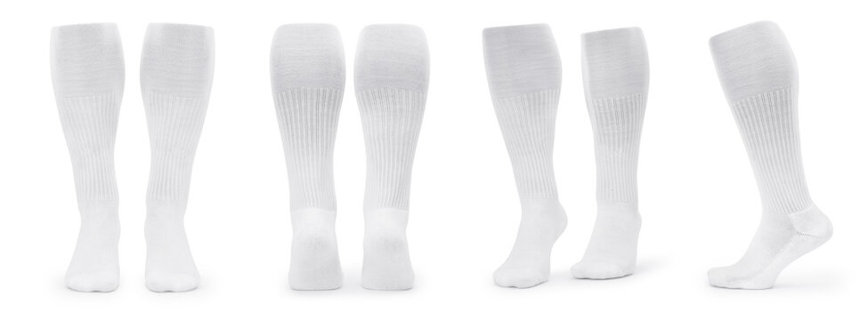 Set of white long socks mockup isolated on white background with clipping path.