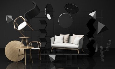 A lot of Chairs and coffee table wooden texture with fabric in black colour tone background and geometric shape abstract composition 3d rendering