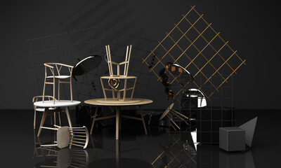 Fototapeta na wymiar A lot of Chairs and coffee table wooden texture with fabric in black colour tone background and geometric shape abstract composition 3d rendering