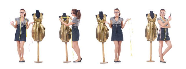 Fototapeta premium Woman tailor working on white background