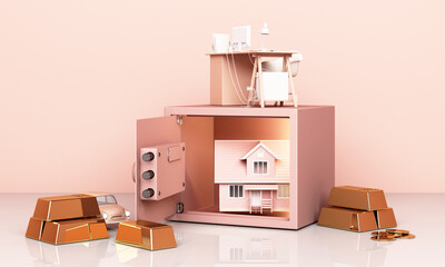 Thinking about home, car and work with an open safe and gold bar in pink pastel colour the concept of life 3D rendering