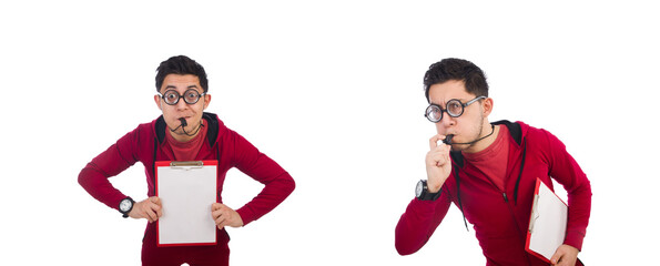 Funny sportsman holding diary isolated on white