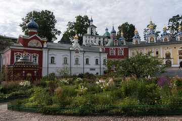 Uspenskaya square with Sacristy, belfry, Uspensky (Assumption) cathedral in the Pskov-Caves Holy...