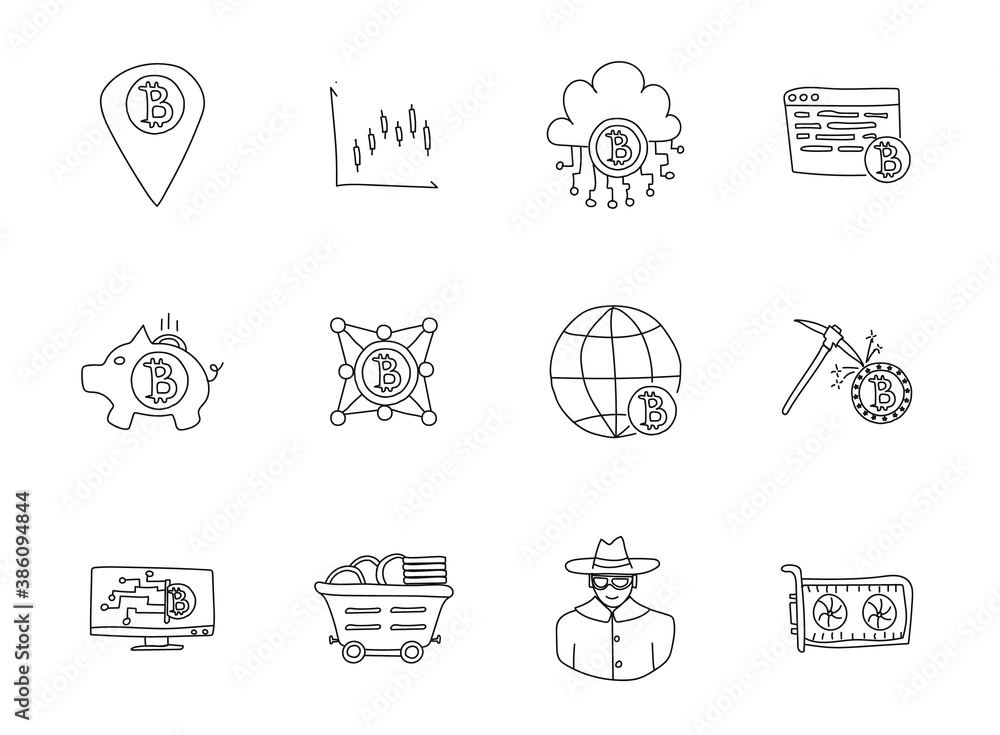 Poster bitcoin doodles isolated on white. bitcoin icon set for web design, user interface, mobile apps and 