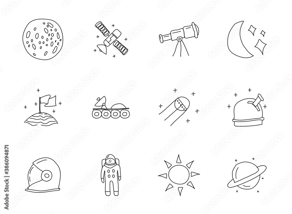 Poster space hand drawn linear vector icons isolated on white background. space doodle icon set for web and