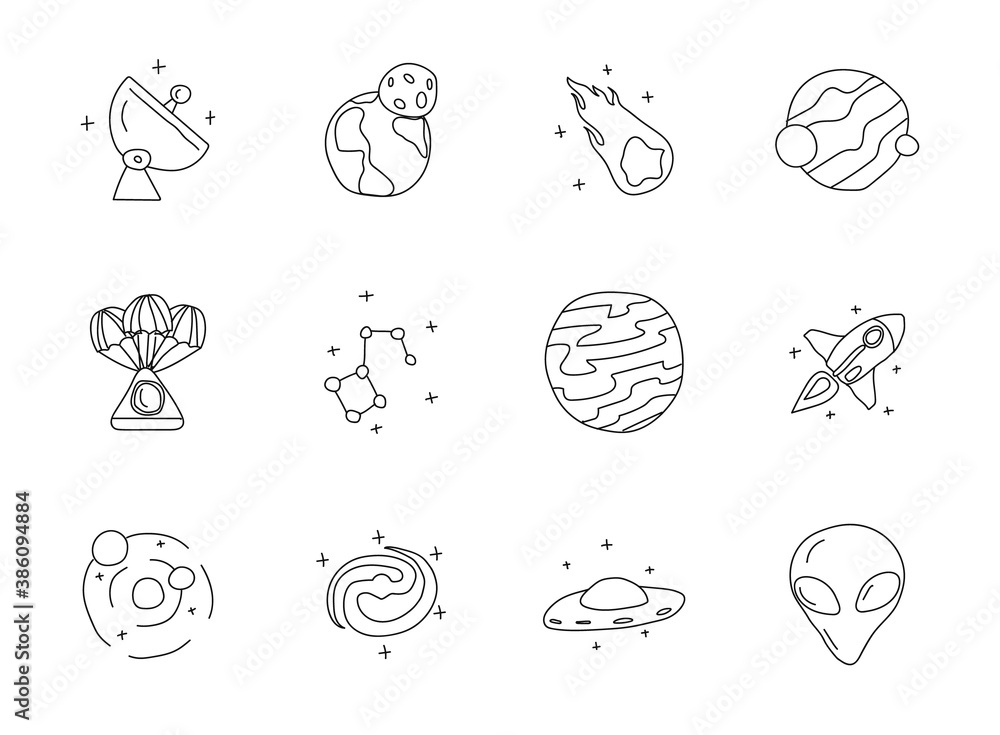 Poster space doodles isolated on white. space icon set for web design, user interface, mobile apps and prin