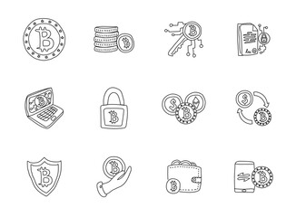bitcoin hand drawn linear vector icons isolated on white background. bitcoin doodle icon set for web and ui design, mobile apps and print products