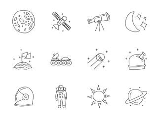 Space hand drawn linear vector icons isolated on white background. space doodle icon set for web and ui design, mobile apps and print products