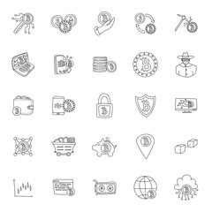 bitcoin hand drawn linear doodles isolated on white background. bitcoin icon set for web and ui design, mobile apps and print products