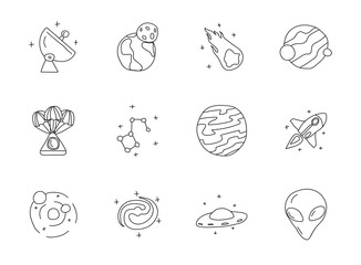Space doodles isolated on white. space icon set for web design, user interface, mobile apps and print